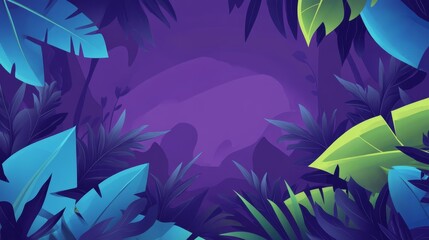 Fototapeta premium A vibrant jungle scene with lush foliage and a purple background, ideal for digital designs.