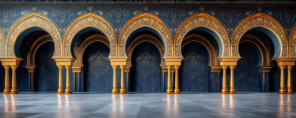 Fototapeta premium Luxurious interior featuring ornate arches and intricate designs in a grand architectural space.