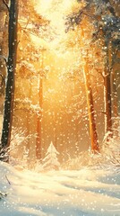 Golden Sunlight in Snowy Forest
