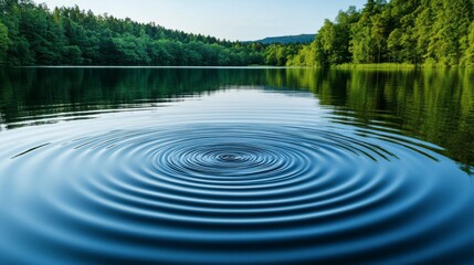 Tranquil blue water surface with ripples and rings, creating a calming spa concept background with clean copy space, ideal for wellness or relaxation-themed designs.
