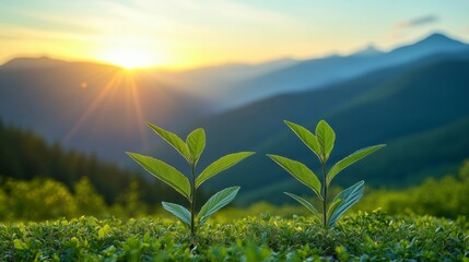 Natural background with warm colors and bright sunlight, featuring soft bokeh and orange light patterns, creating a serene atmosphere for green energy and sustainability themes.