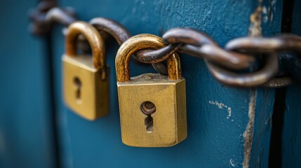 Two brass padlocks secured with a chain on a blue surface, symbolizing security and protection.