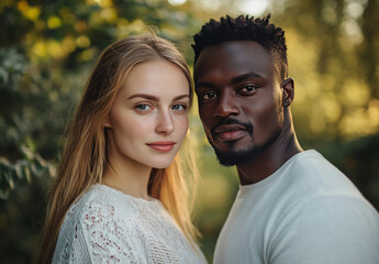 Fototapeta premium Young happy interracial couple posing in a park