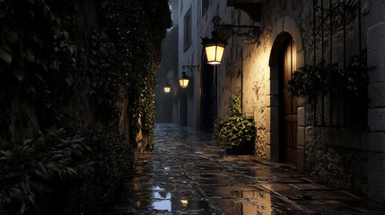 Obraz premium Enchanting Medieval Street Lit by Lanterns at Night in the Rain