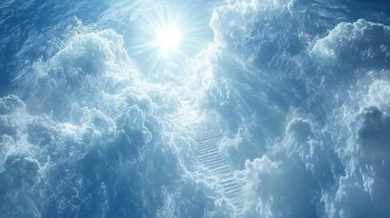 Obraz premium Stairway to Heaven, sun shining through clouds.