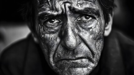 Emotional Black and White Portrait of a Person with Deep Expressions Reflecting Life's Struggles, Capturing Raw Human Emotion in a Striking Artistic Style