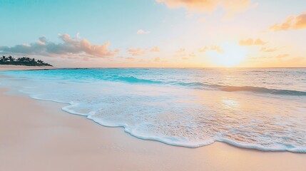 Serene sunrise over tranquil ocean beach; soft waves gently lapping sandy shore.