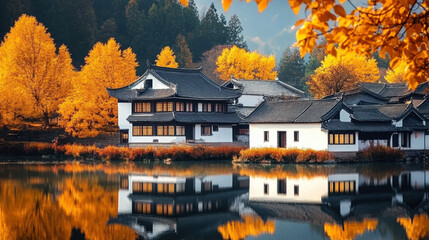 Obraz premium In autumn, the village houses by the river are reflected on the water surface