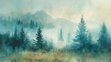 Foto auf Acrylglas Wald im Nebel Misty Mountain Landscape with Evergreen Trees in a Serene Setting  © Jumaria