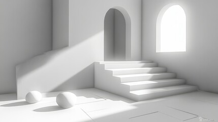 Obraz premium Empty white room with abstract design elements, highlighting white walls and a clean, minimalist aesthetic, ideal for 3D rendering of interior layouts and modern spaces.