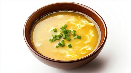 Delicious egg drop soup in brown bowl garnished with fresh green onions. Hearty, comforting soup perfect for warm meal. Simple, easy recipe features rich broth with soft egg ribbons. Enjoy