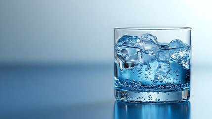 A glass filled with ice and sparkling water, reflecting light in a serene setting.
