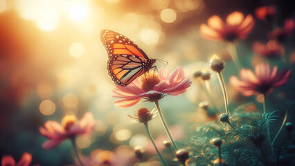 Monarch Butterfly Feeding on a Pink Cosmos Flower