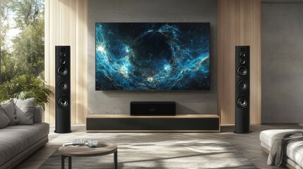Fototapeta premium Modern living room featuring a large TV and audio system.