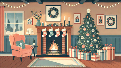 Festive Living Room with Christmas Tree and Fireplace