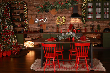 Christmas decorations lights. Modern New Year's decor. Christmas trees with garlands and gifts.