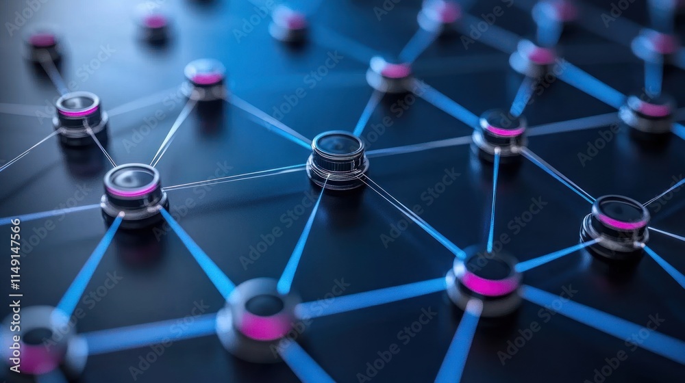 Poster abstract network connection nodes linked by glowing lines.