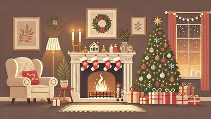 Elegant Christmas Living Room with Cozy Fireplace and Decor