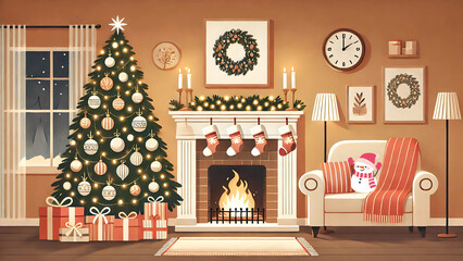 Festive Living Room with Christmas Tree and Glowing Fireplace
