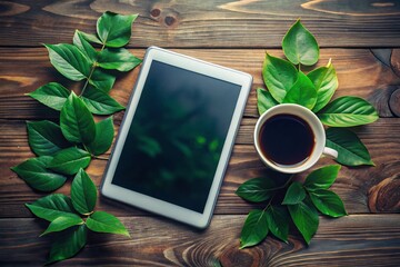 Low Light Photography: Tablet PC, Coffee, Green Leaves on Wooden Table