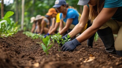 Diverse group volunteers actively planting young trees in deforested area. Eco restoration project. Community service effort underway. Teamwork, hands-on activity. Planting trees contributes to