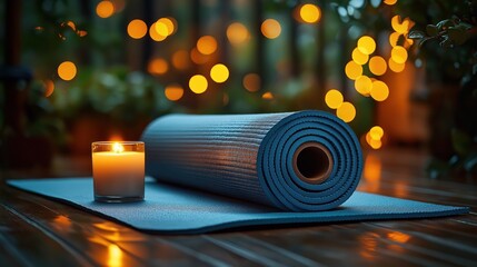 Peaceful living room space promotes relaxation, wellness routine. Yoga mat, candle create calm ambiance. Soft lighting enhances mindfulness practice. Suitable for yoga enthusiasts seeking relaxation