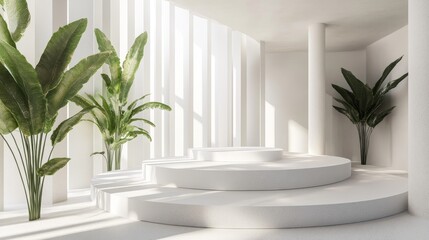 A minimalist interior space featuring circular steps, large plants, and abundant natural light.