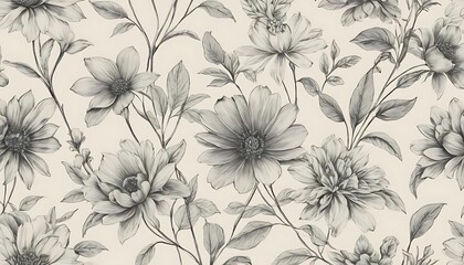 Obraz premium Monochrome Floral Pattern Featuring Delicate Flowers and Leaves