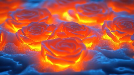 Abstract roses glowing with fiery orange light on a frosty surface.