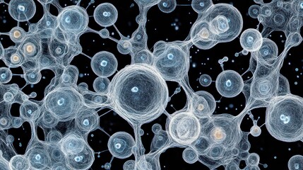 Abstract representation of interconnected cells or neural network.  Complex web of translucent spheres and filaments, creating a scientific or biological theme.