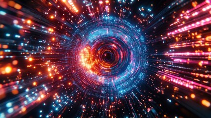 Obraz premium Abstract tunnel effect with vibrant light trails, radial lines, and glowing particles.