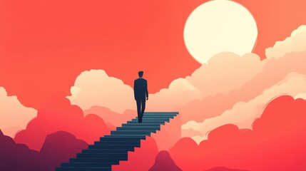 Business leader ascending staircase, success metaphor, flat vector illustration -