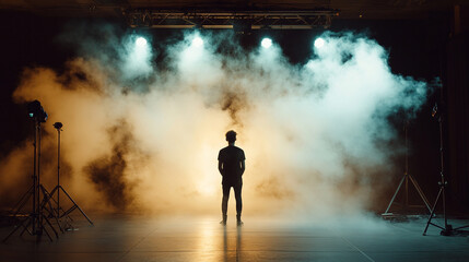 Performer stands in spotlight surrounded by fog during a rehearsal at night. 