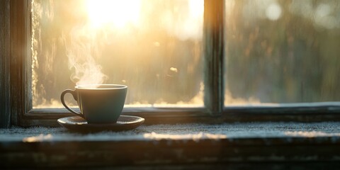 Fototapeta premium Warm morning light on steaming coffee cup by frosted window