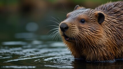 Close-up of a beaver in water, wet fur, alert expression.