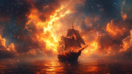 Obraz premium A majestic ship sails through a fiery sky, reflecting a dramatic sunset over the ocean.
