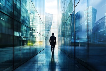Businessman walking through modern city. Concept of leadership, success, and urban environment.