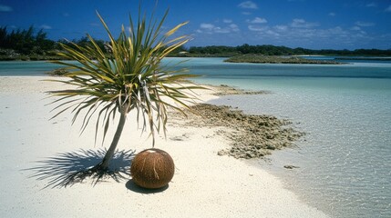 Tropical beach scene with palm tree and coconut.