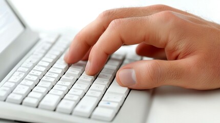 A close-up of a manâ€™s hand typing on a keyboard, emphasizing his engagement in work tasks, with the keyboard as the central tool for productivity.