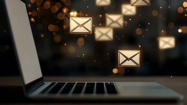 Exploring the digital communication era with floating envelopes near a laptop