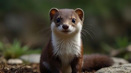 Close-up of a weasel-like animal, sitting in the undergrowth, looking directly at the camera with a curious expression..