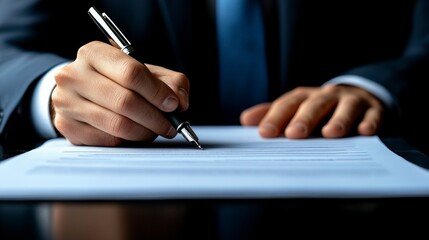 A businessman signing an important investment contract with a pen on a professional document, captured in close-up to highlight the significance of the agreement.