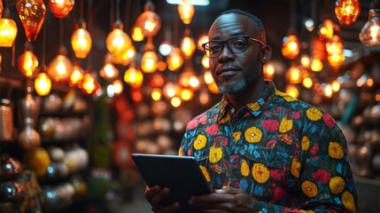 Obraz premium Corporate focus: A businessman holding his tablet, deep in thought while managing office tasks, symbolizing productivity and technological engagement in the workplace.