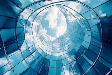 Naklejka premium Modern Architecture, Glass Building, Spiral Design, Urban Skyline, Modern Office Building