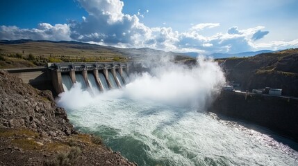 Wide Angle Shot of Hydroelectric Dam with Cascading Water