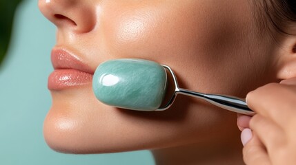 Woman Using Jade Roller for Skin Health and Relaxation