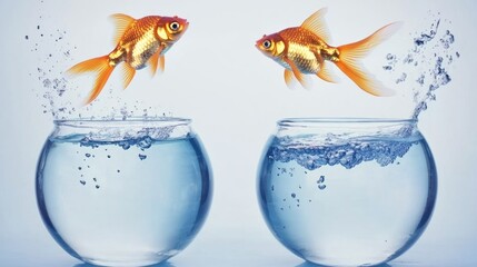 Two goldfish leaping from their bowls.