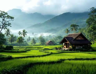 A picturesque scene of a tranquil Asian village nestled amidst lush rice paddies.
