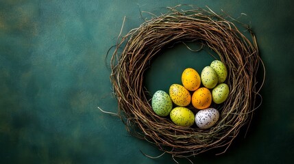 Fototapeta premium A decorative nest with colorful Easter eggs on a textured green background.