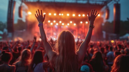 People enjoying music festival concert at night. Large crowd raise arms. Stage lights shine bright. Summer vibes. Festival atmosphere. Music fans happy. Nighttime event. Outdoor concert. Crowd - obrazy, fototapety, plakaty